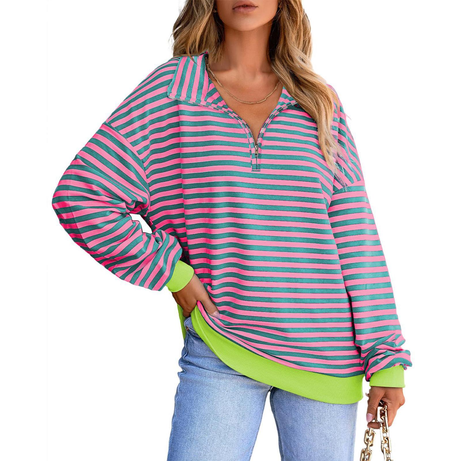 

Женский модный полосатый пуловер с лацканами и длинными рукавами, спортивный повседневный топ-свитшот XXL розовый