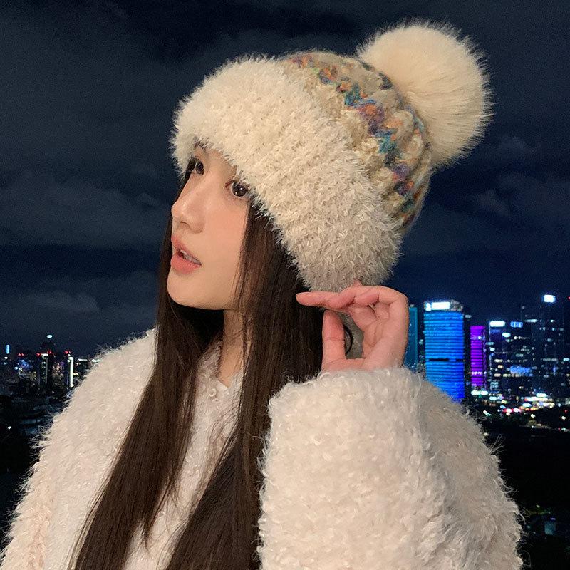 New Jacquard Knitted Hat Women's Autumn and Winter Fashion Warm Baotou Hat Hairball Burr Ear Protector Cold Hat Wool Hat
