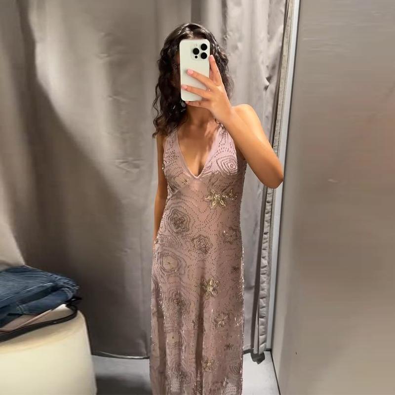 Mesh Sling Dress Women V-neck Diamonds Ruffles Long Dresses Female Backless Sleeveless Spring Summer Casual Lady Holiday Dress