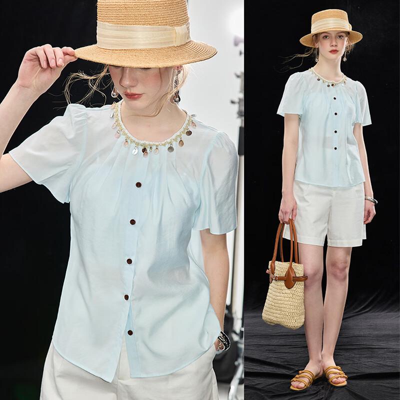 Wudao Summer Pleated Blouse with Shell Sequins XL