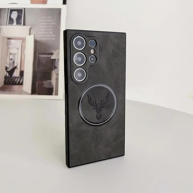 Deer Leather Protection Case For Samsung S25 Ultra S24 FE S23 Plus MagSafe Magnet Soft TPU Shockproof Cover For Galaxy S22 S21