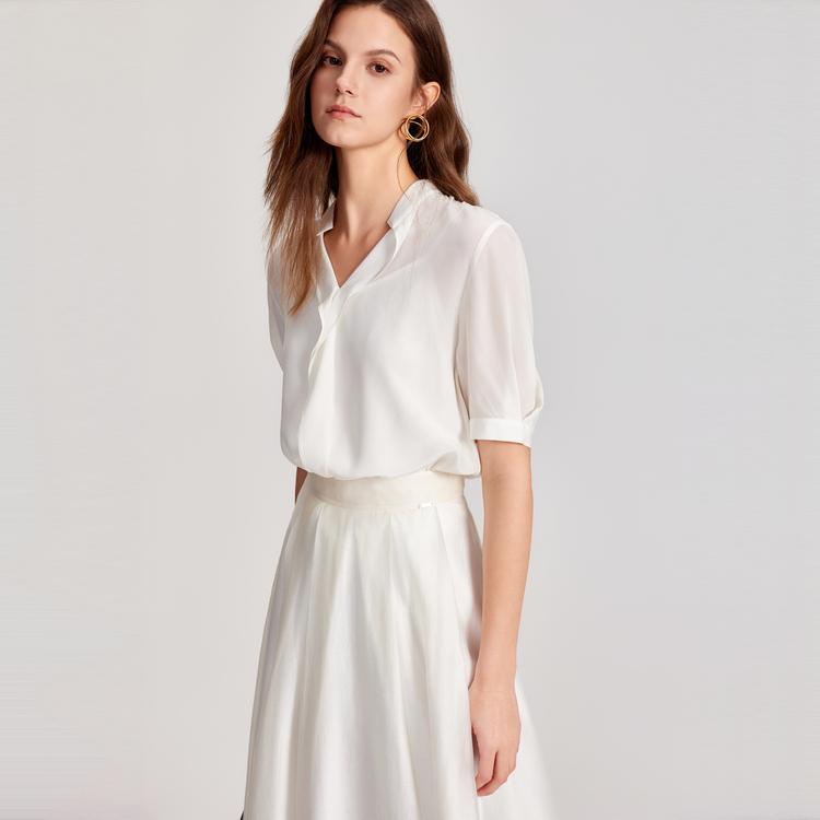 ELLE Loose V-Neck Solid Color Short Sleeve Shirt Women Tops Off-White EM47888