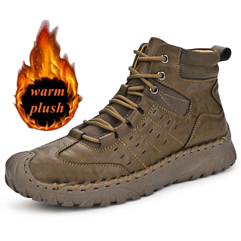 Fashion Golden Sapling Big Size Man Fashion Combat Boots Winter Thicken Warm Plush Men Ankle Boot Flat Shoes Leather Leisure Short Botas