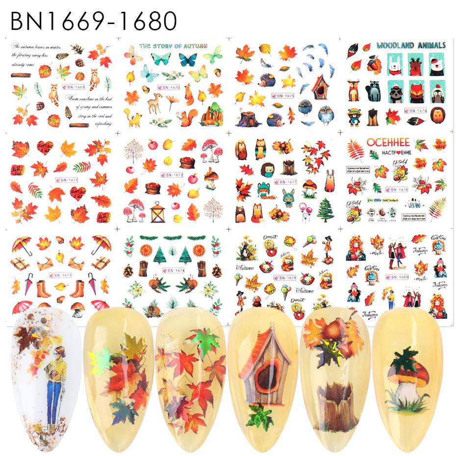 Nail Art Stickers Ins Autumn Gold Falling Maple Leaf Fox Owl Nail Water Transfer Sticker