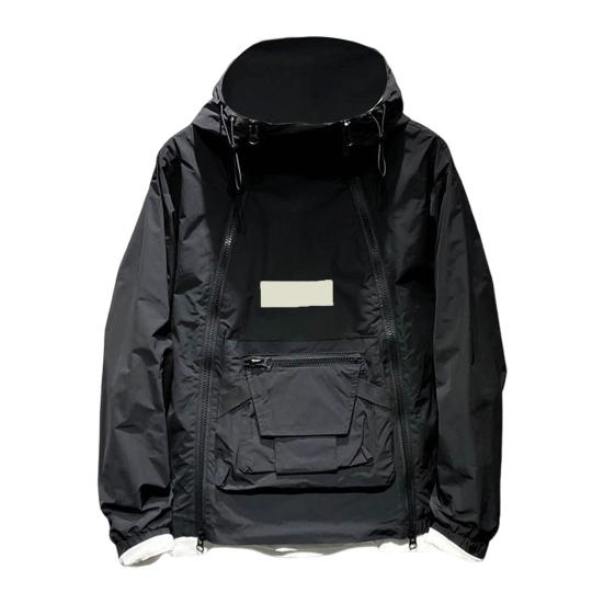 Men Trench Coat Hooded Drawstring Long Sleeve Double Zipper Cargo Tops Solid Color Large Pocket Street Style Outwear