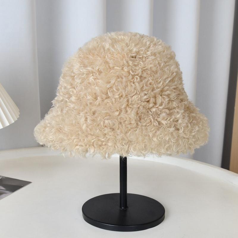 Female Thickened Teddy Fleece Curly Hair Bucket Hat Fashionable Winter Warm Hat Retro Curly Hair Basin Hat Versatile
