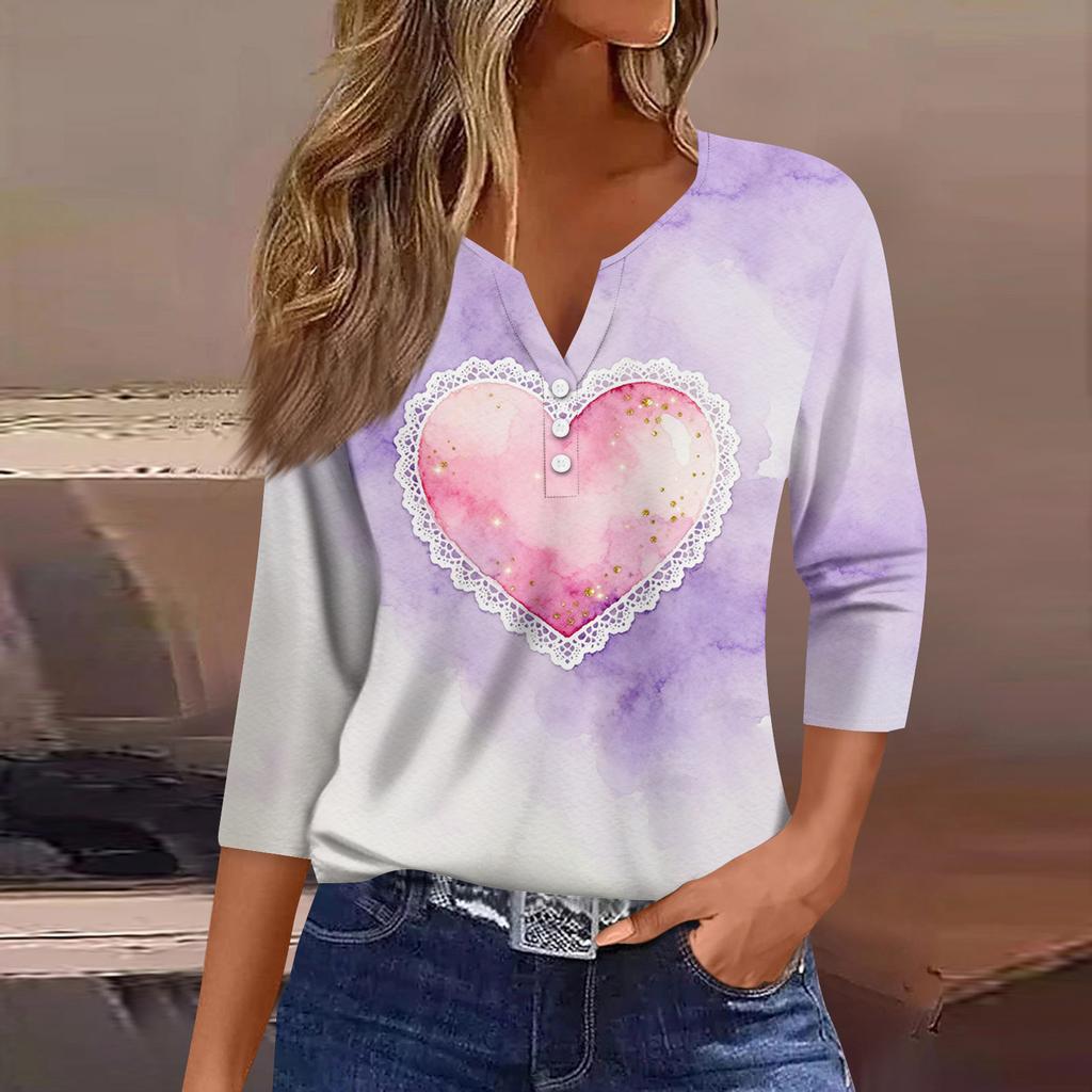 Women's Fashion Button-Up V-Neck Three-Quarter Sleeve Valentine's Day Print Top