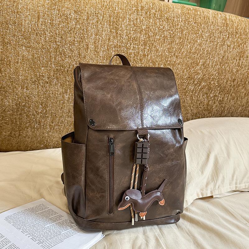 Retro Hong Kong style PU soft leather texture backpack men's large-capacity American schoolbag female college student computer backpack waterproof