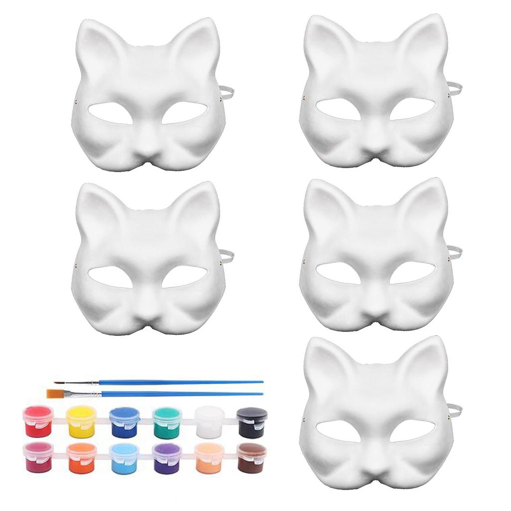 5 Cat Faces Rivet White Pulp Mask DIY Painted Party Mask Halloween Christmas Blank DIY Mask with 3 ml 12 Color 2 Pens Set