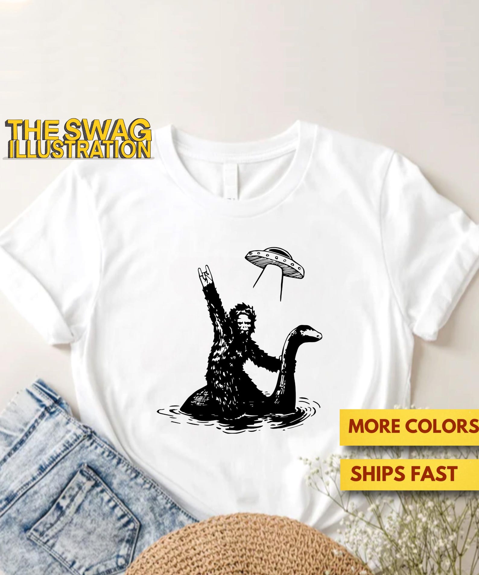 BigfooT shirt, Bigfoot Riding The Loch Ness Monster With A UFO, Funny Bigfoot, Loch Ness, UFO GifT shirt For The Unthinkable Premium Tee L