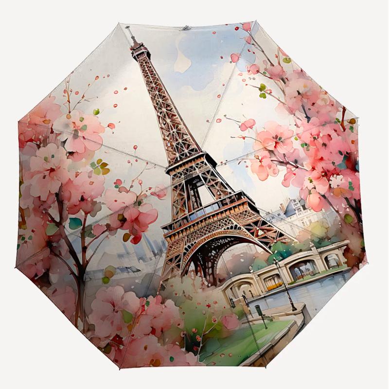 1PC Eiffel Tower, Cherry Blossoms Umbrella-8-Rib Reinforced, Automatic Open, Lightweight & Durable, Cute Fashion Accessory for Outdoor, Beach, or Casu