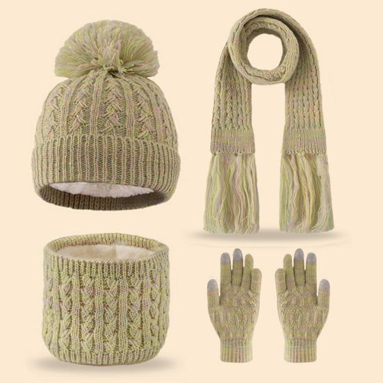 3Pcs/Set Kids Hat Scarf Gloves Set Rainbow Twist Texture Plush Ball Decor Knitting Hat