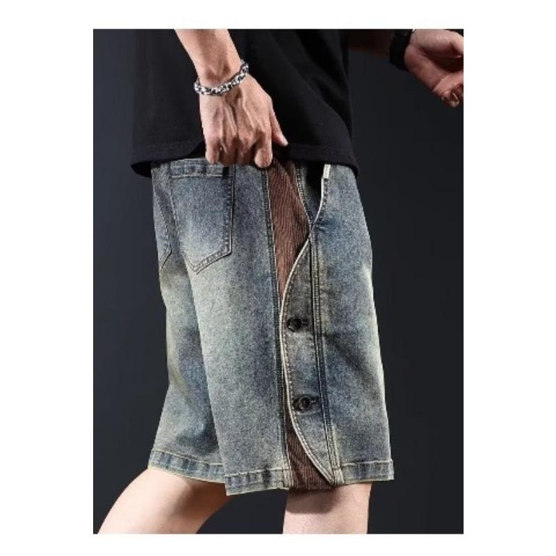 Mens Vintage Washed Denim Shorts Casual Elastic Waist Drawstring Knee Length Pants