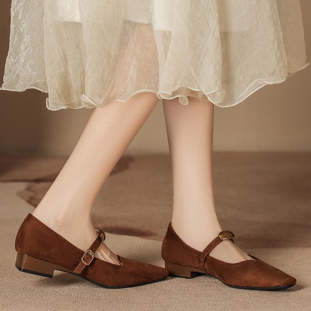 Mary Jane Women's Suede Loafers: Soft Sole, Low Heel, Retro Square Toe, College Style.