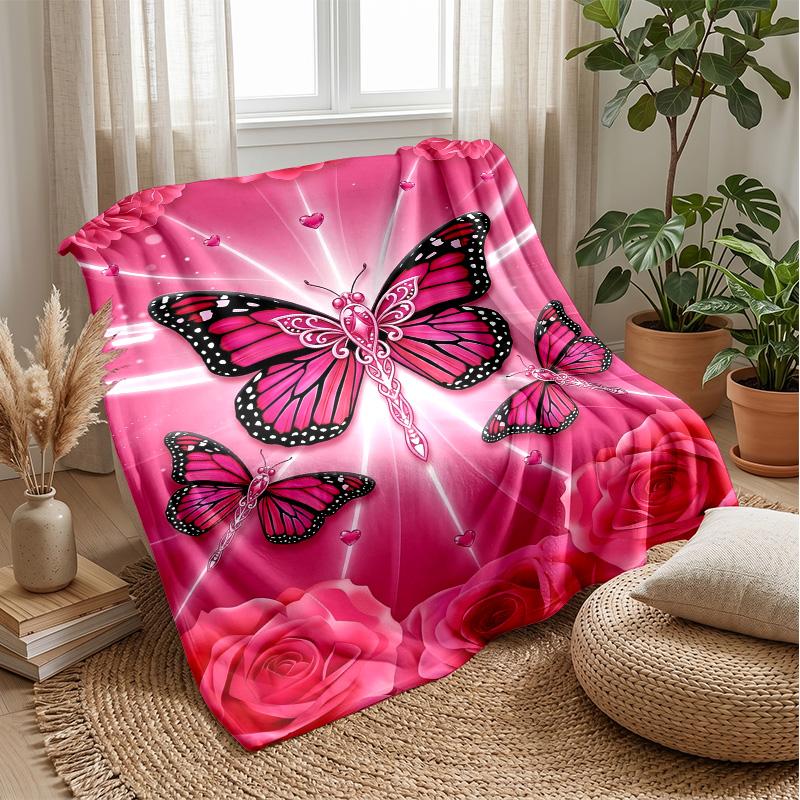 Pig with Flower Necklace Among Butterflies and Roses Theme Blanket Lightweight Warm Flannel Blanket Decorative Throw Blanket for Home Decoration
