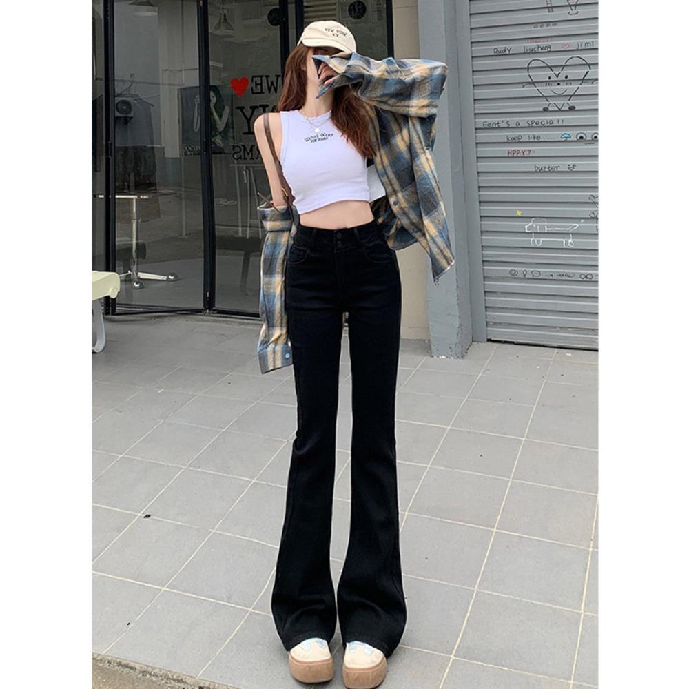 Frühling und Sommer neue Jeans Schlaghosen Damen elastisch und dünn Doppel-Schnalle Bauch vielseitig schmal Spice Girl Hosen ins