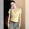 High Sense Irregular Short-sleeved T-shirt Women's Summer Year Thin Slim Pile Collar T-shirt Top