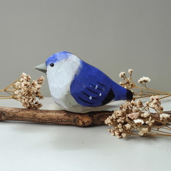 Hand-Carved Painted Wooden Bird Figurine Rustic Small Zebra Finch Statue Sculpture Ornament Decoration for Home Office Living Room