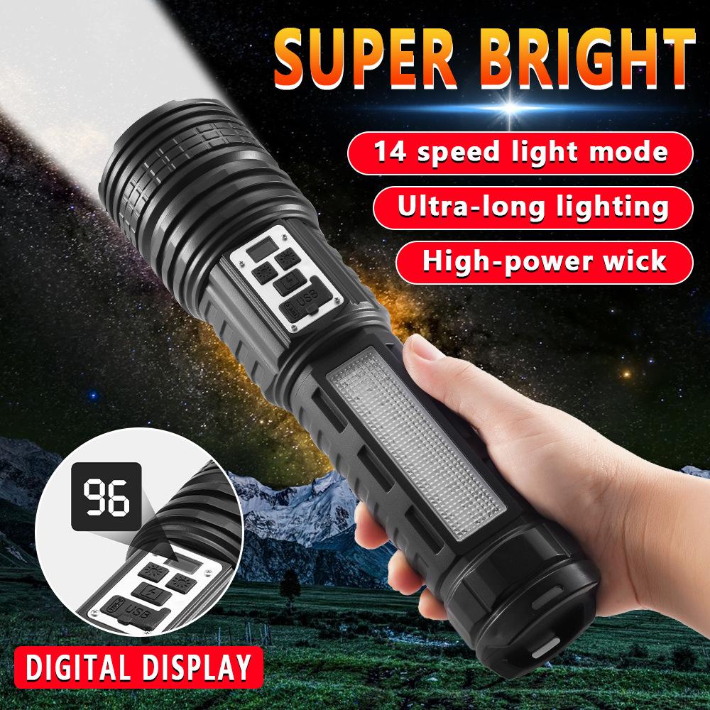 Super Big Flashlight USB Rechargeable Most Strong LED Flash Light Long Range Torch Zoom Outdoor Lamp With Digital Power Display
