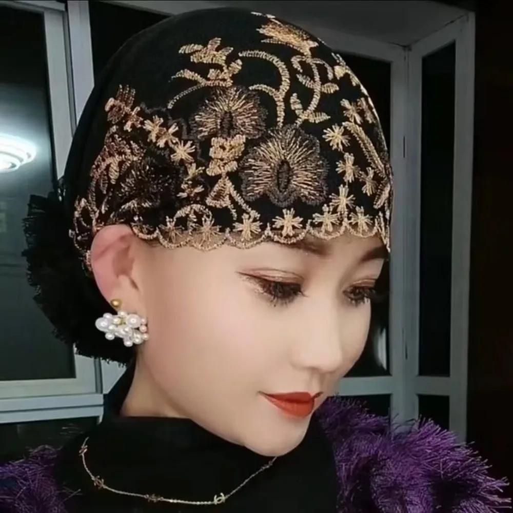 New Flower Embroidery Bonnet Hat Elastic Full Cover Headwear Cover White Hair Breathable Turban Hat Gift