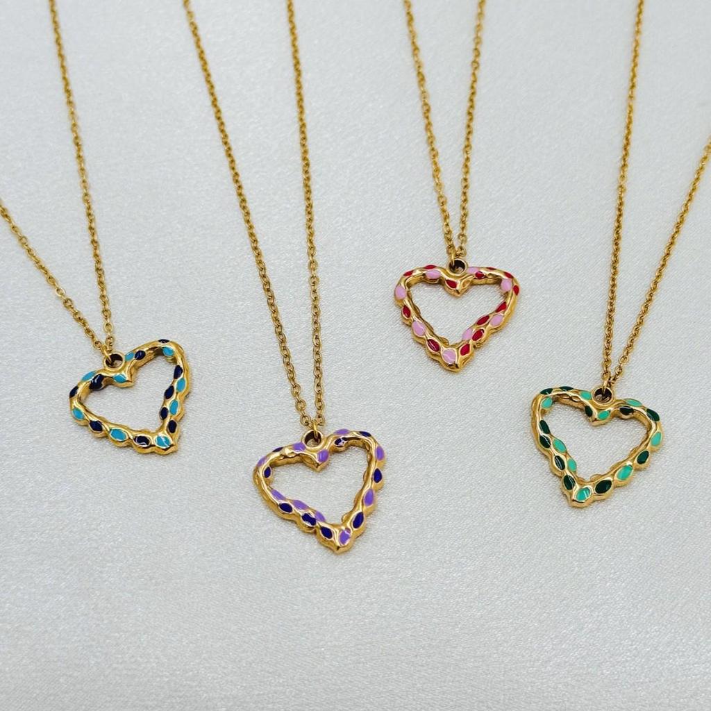 Stainless Steel Heart Pendant Necklace with Spotted Oil Drip - Fashionable Ins Style