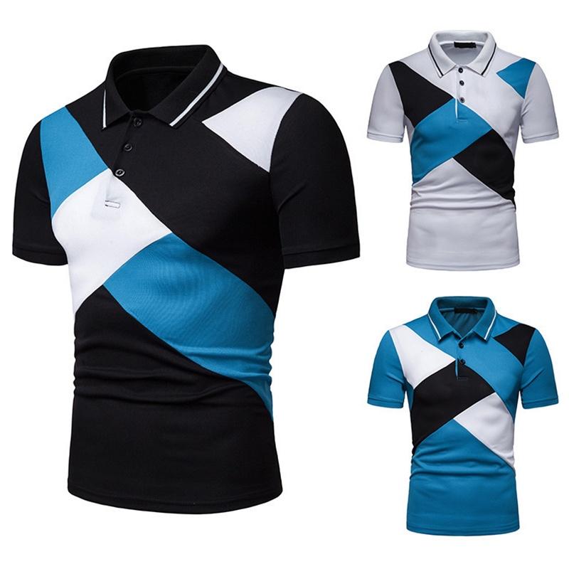 Classic Men's Lapel Tee Top Short Sleeve Splicing T Shirt With Premium Cotton Blend
