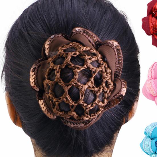 Women Net Sequins Hair High Elasticity Hollow Out Handmade Shiny Vintage Bud Hair