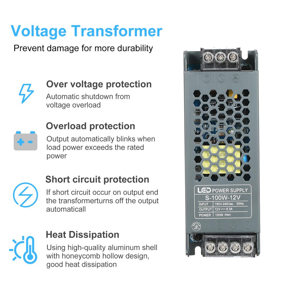 Neoglint Ultra Thin Power Supply Adapter Transformer for LED Strip Light AC190V 240V to DC 24V 8.3A 200W Power Supply