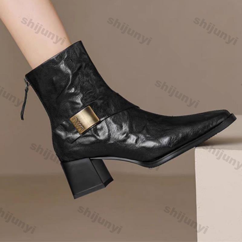 Vintage Square Toe Ankle Boots for Women Autumn Winter Zipper Black Thick Heels Short Boots Woman PU Leather Botas Mujer