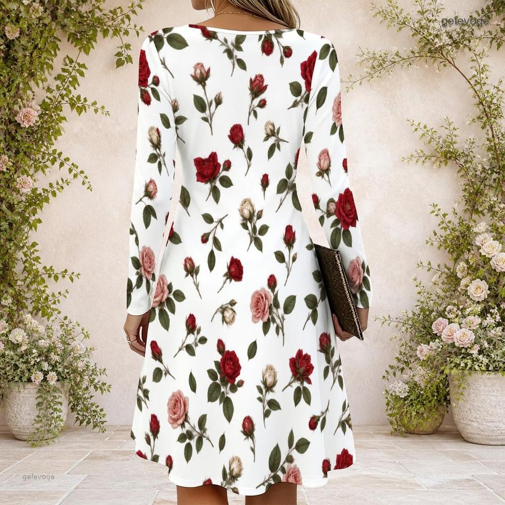Women Criss Cross V Neck Long Sleeve Floral Printed Dress White Green Curved Hem