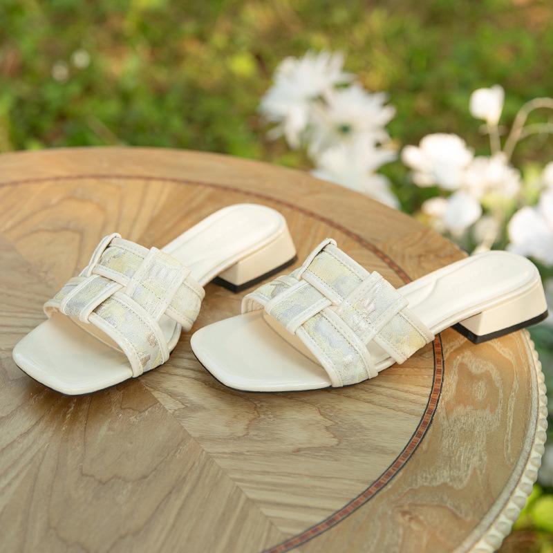 Vintage art woven flat slippers women's outer thick heel low heel beach shoes square head sandals