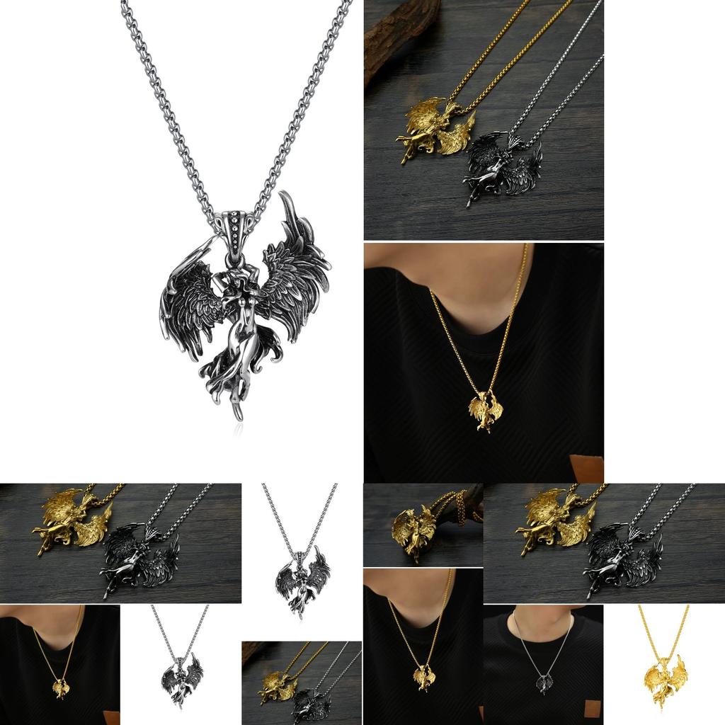 Trendy Retro Angel Pendant Necklace Fashionable Titanium Steel Jewelry Geometric Design