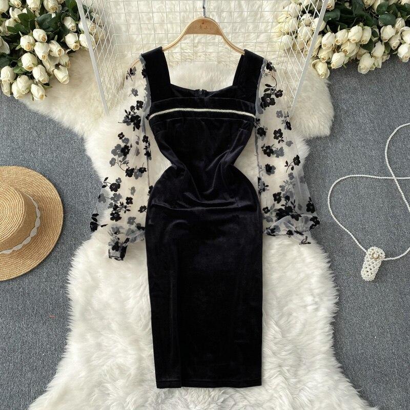 

Новое осеннее и зимнее французское сетчатое платье средней длины с квадратным вырезом и золотым бархатом средней длины с открытой упаковкой