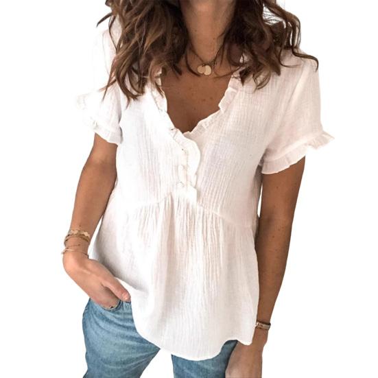 Women Shirt V Neck Ruffled Short Sleeves High Waist A Line Silhouette S белый