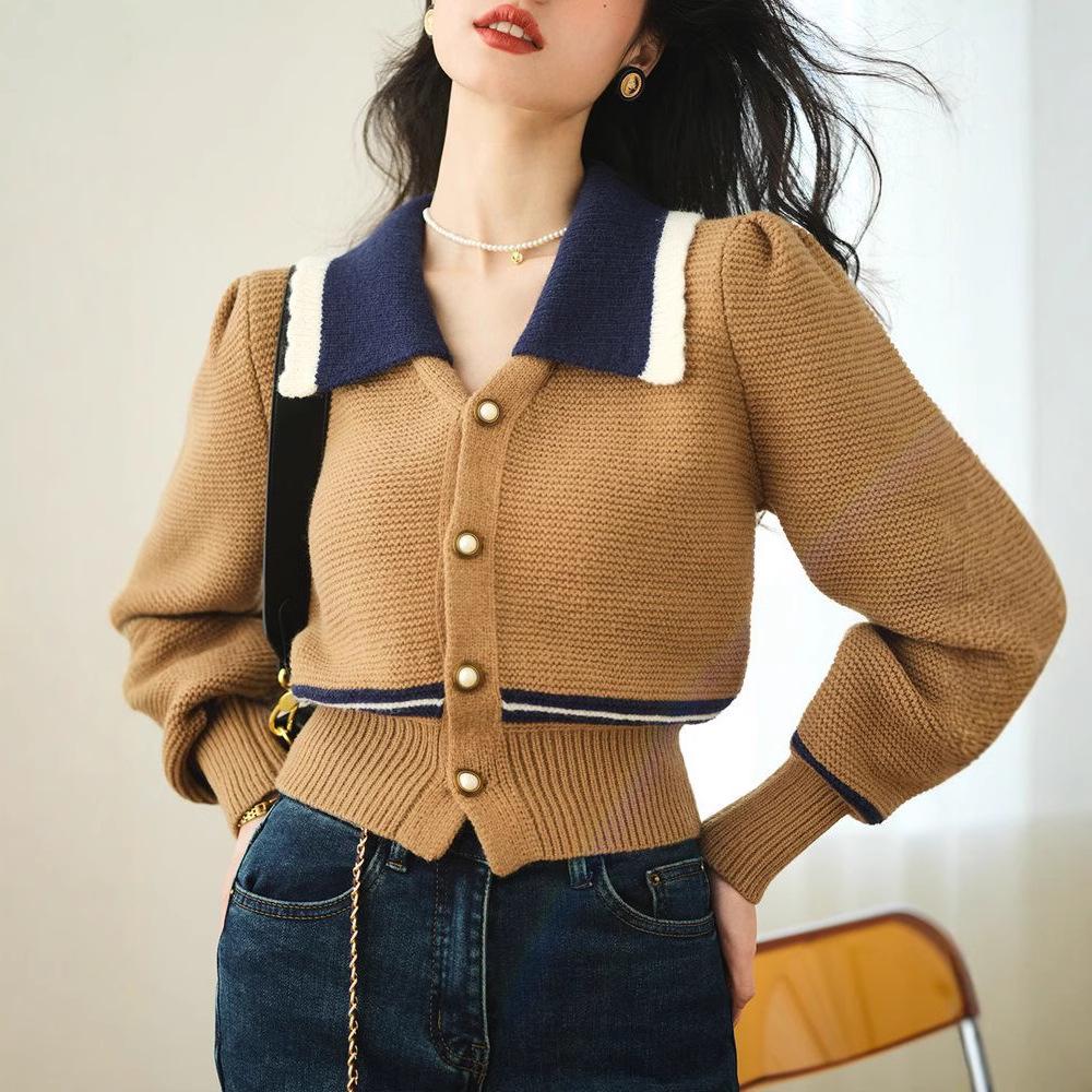 

Korean Color Block Polo Collar Puff Sleeve Cardigan 2024 One Size