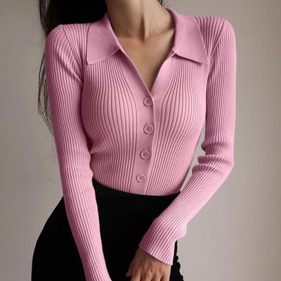 New Lapel Slim Slimming Tops Ladies Hollow Buttons Women Long Cardigan Sexy Sweater Sleeve Knit Neck V Neck U1C0