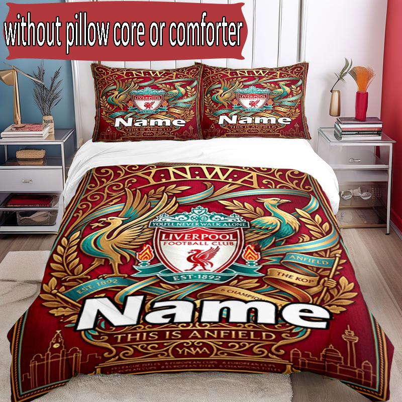 3pcs Duvet Cover Set (1*Duvet Cover + 2*Pillowcase, Without Core), Custom Name Liverpool Football Club Pattern Bedding Set, Home Bedroom Decor Gift
