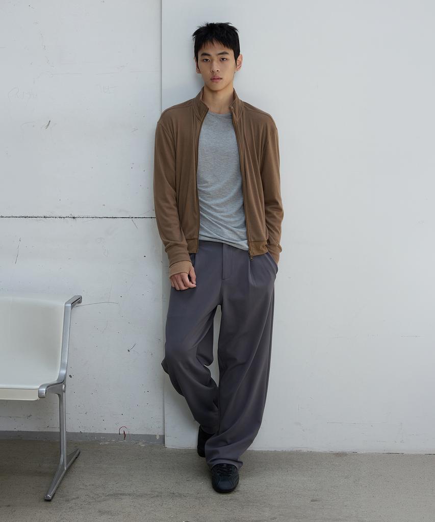 MICHIKO LONDON SPORTS Soft Jersey Layered High-Neck Zip-Up Khaki Brown