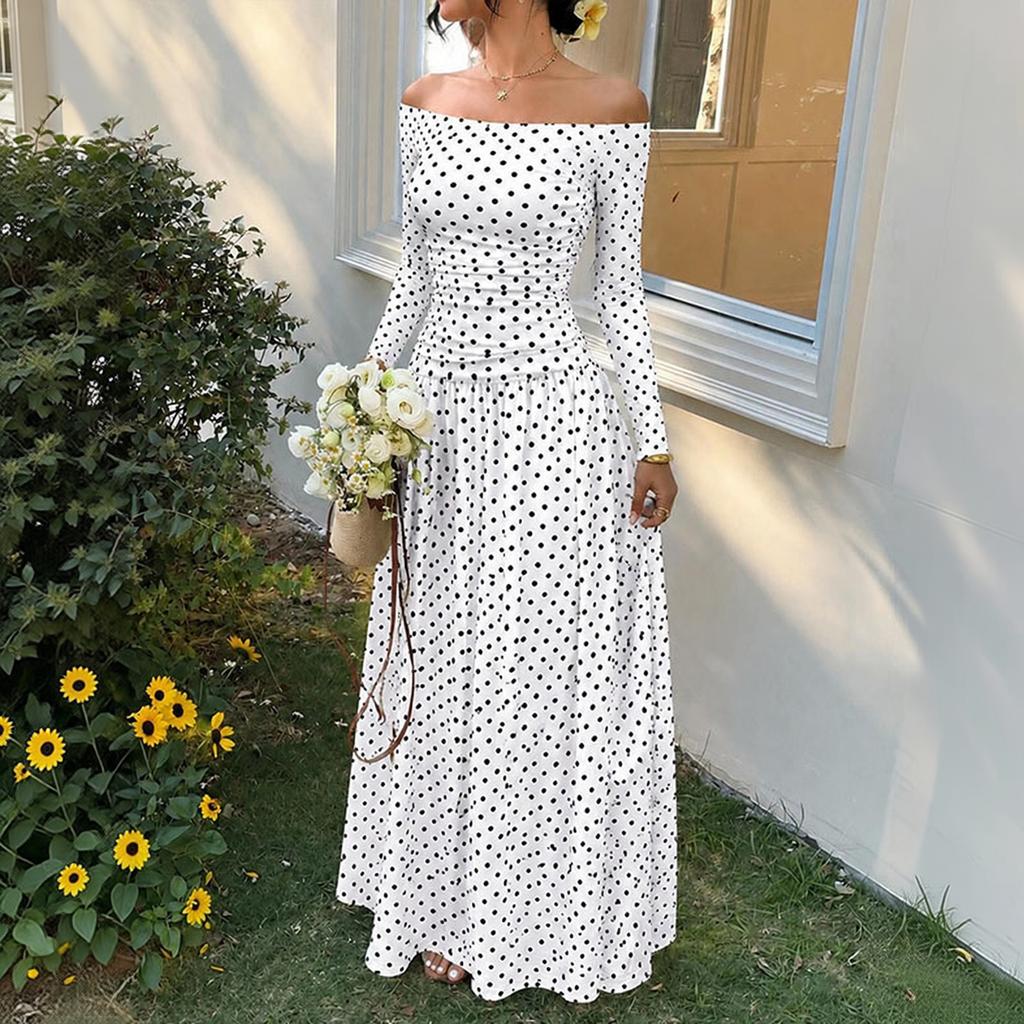 Women's Off-Shoulder Polka Dot Long Sleeve Dress with Waist-Cinching for Vacation