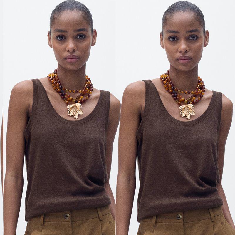 Linen French style UK Spaghetti Strap Cotton Top Cami Sexy White U Collar Thread Export Brown