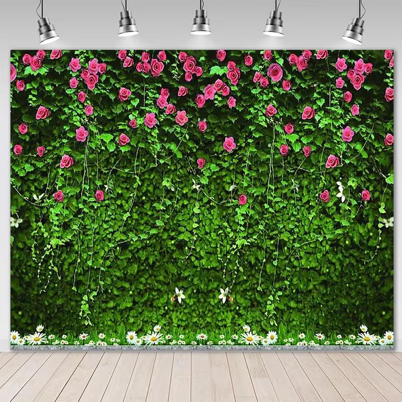 2D Natural Plant Wall with Pink Roses and Daisies Backdrop Photo Background 47.2x31.5inch/120*80cm