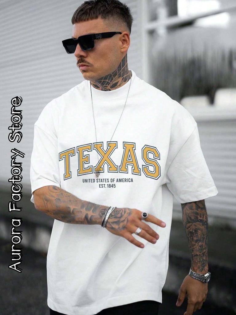 Texas Print T-Shirt Summer Men Cotton Tops Tees Male Fashion Letter Camiseta Short Sleeve Clothing American Vintage Streetwear