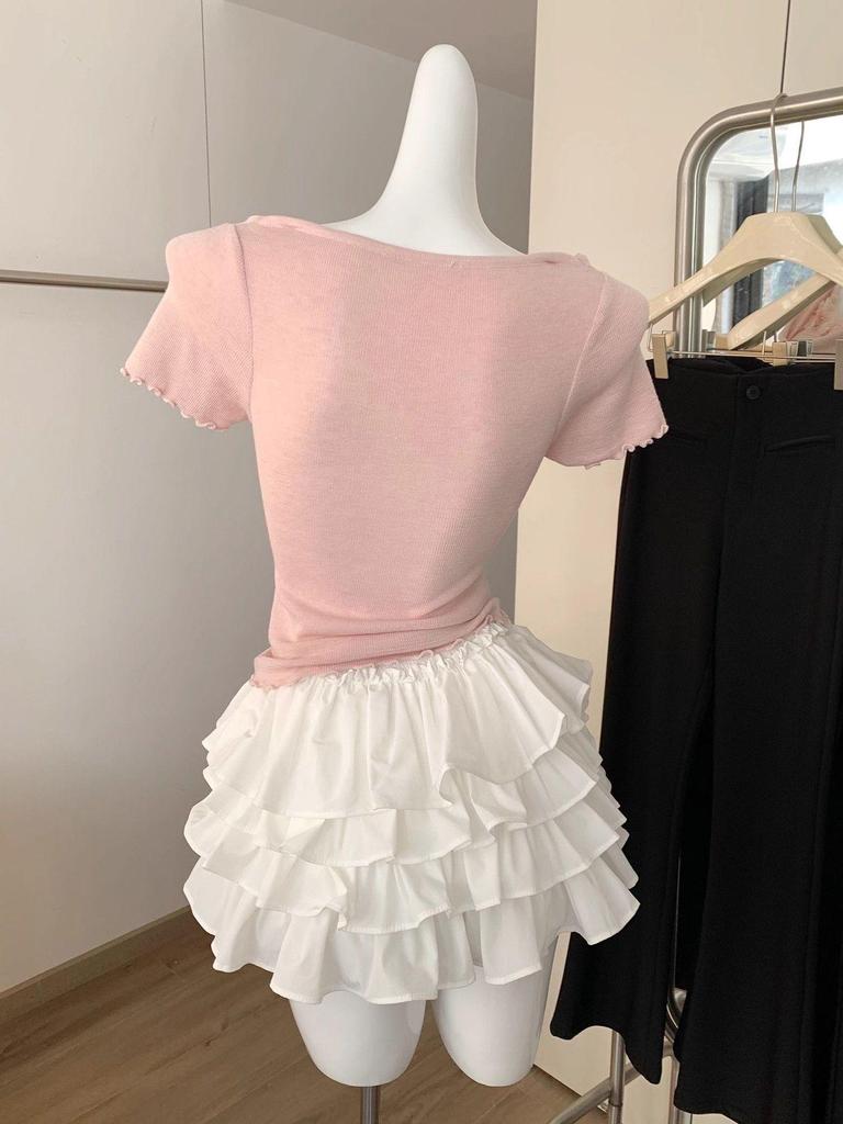Korean Style Sweet White Layered Elastic Waist Short Skirt for Women - Spring/Summer Slimming & Versatile