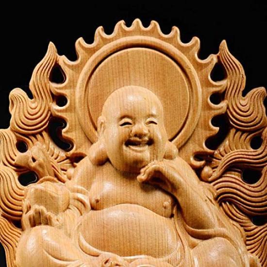 Seven Lucky Gods Figurine Hotei Natural Clifftop Buddha Statue Wood Carving Feng Shui 20cm x Width 11cm x Depth (Height 4cm)