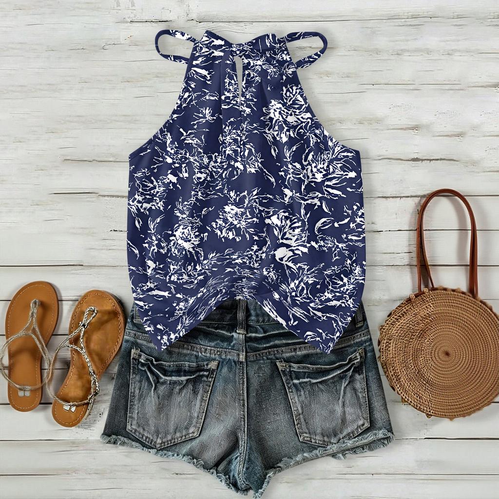 Women Sleeveless Bohemian Floral Print Tank Top Loose Fit Neck Blouse Casual Summer Lightweight Camisole Shirt