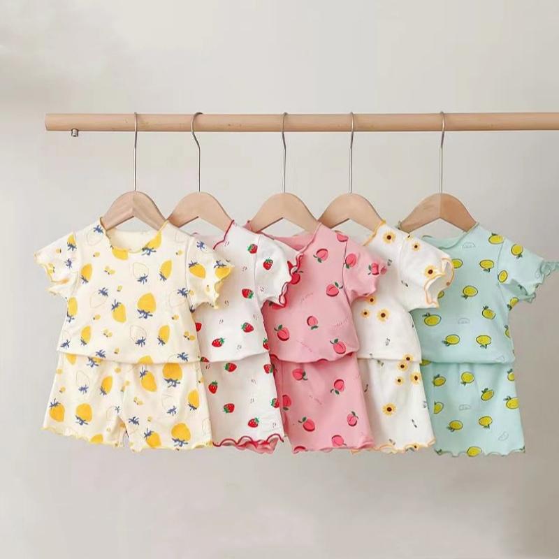2Pcs/Set Baby Girls Strawberry Pajamas Set Summer Short Sleeve Thin Toddler Kids Sleepwear Infant Home Wear Clothes