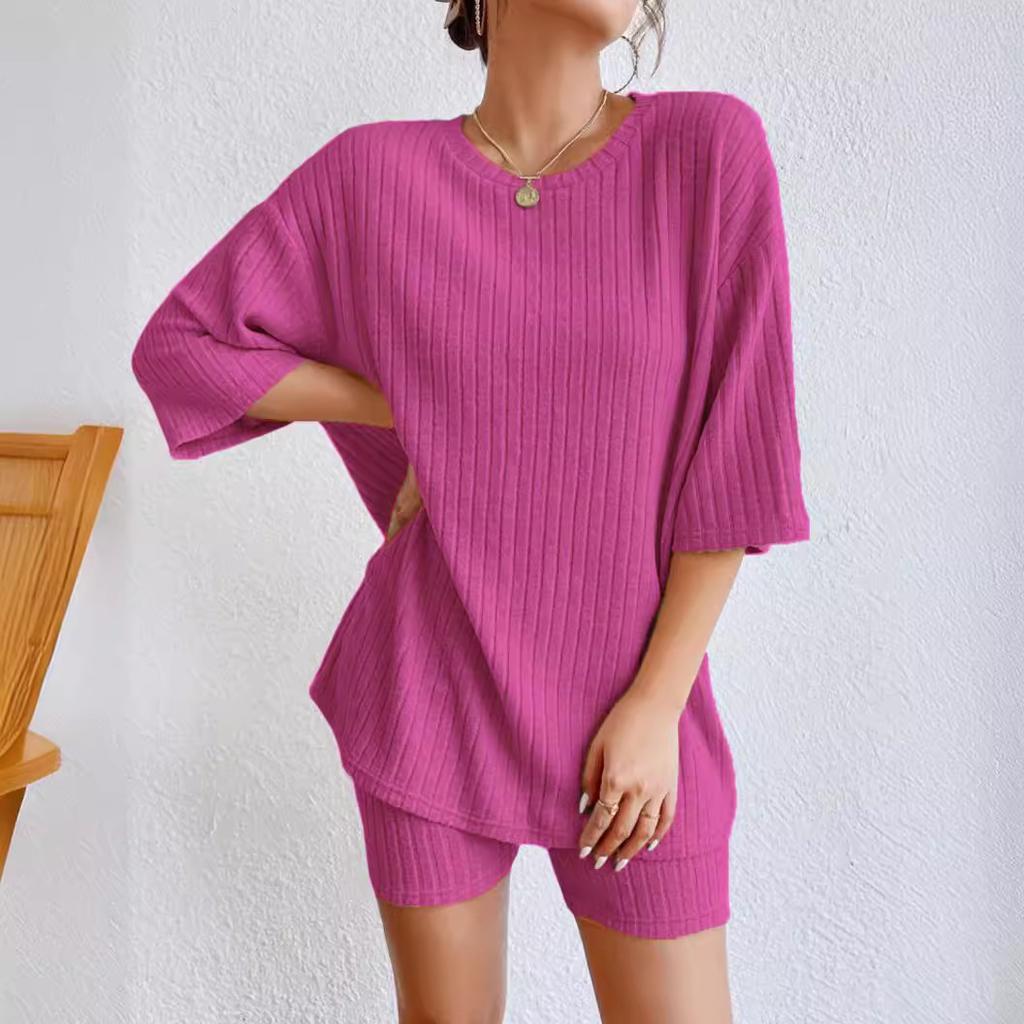 Fashionable Knitted Loose Casual Round Neck Summer Short Pants Top Set Women's Clothing Comfortable Breathable Solid Color
