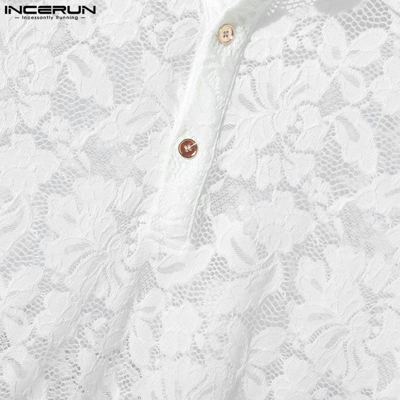 INCERUN T-shirt d'été à manches courtes et col à revers pour homme, en dentelle et maille transparente, avec perspective