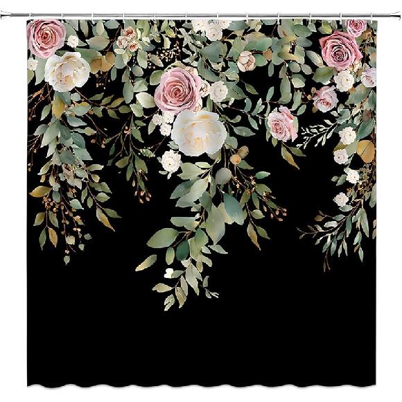 

GCTNBJL Листья Цветочный Занавеска для душа Зеленые листья Розовый цветок Бохо Ботанический Тропический лист Богемия Растение Природа Черный Ванная комната Дом Занавеска с 71 W x 71 L (Pack of 1)