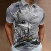 Trendy! Nautical sailing ship print short-sleeve polo shirt